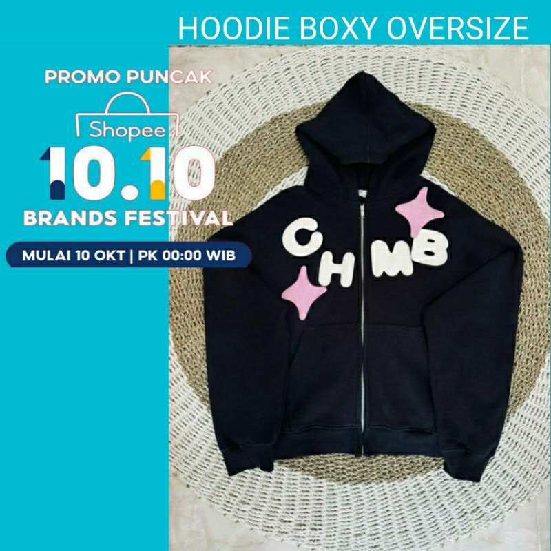 HOODIE ZIP BOXY OVERSIZE BLACK&PINK • CHMB • HOODIE ZIPPER PRIA WANITA OVERSIZE DISTRO