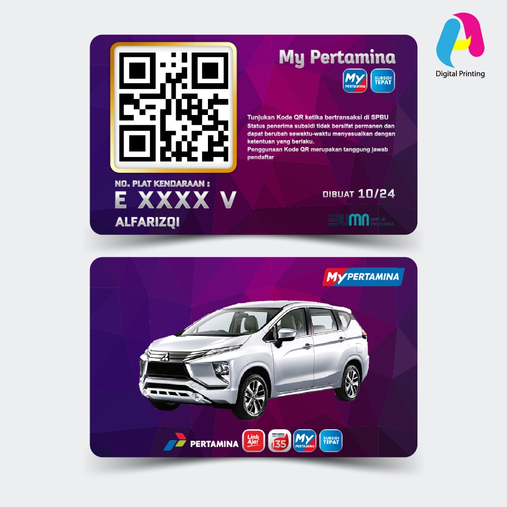 

Cetak Kartu My Pertamina Premium Color Costum Foto Bahan Tebal PVC 0,96mm Anti Pudar Satu Hari Jadi