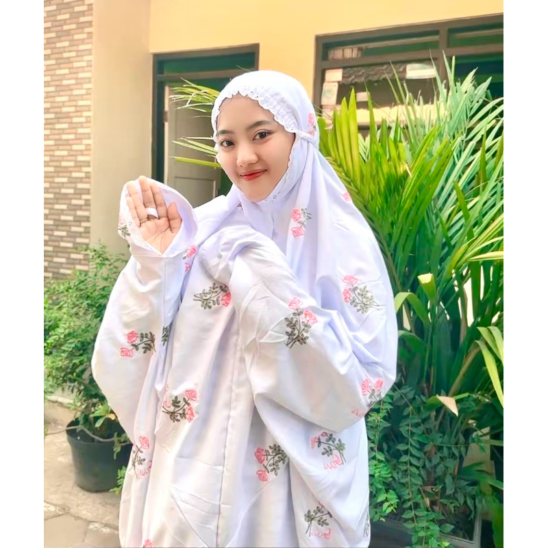 MUKENA TERUSAN BORDIR KOMPUTER MOTIF BUNGA TANGKAI ANI’ANA TERBARU