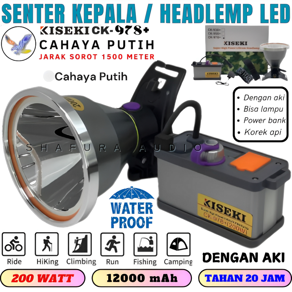 Senter Kepala Kiseki Ck 978 Led Super Terang 200 Watt Tahan Hingga 12jam | Headlamp Cahaya Putih Den