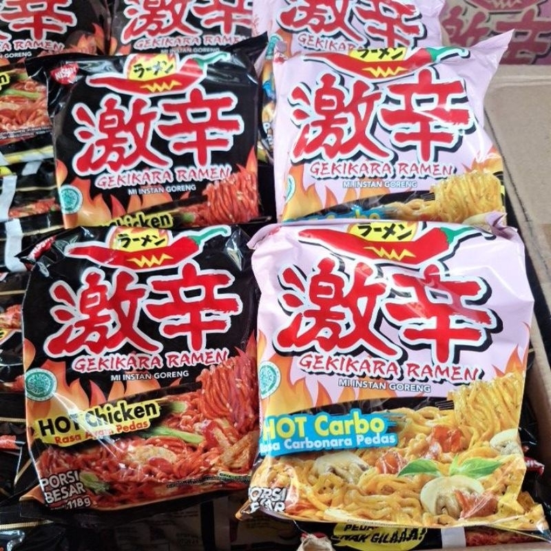 

NISSIN GEKIKARA RAMEN JUMBO MI INSTAN GORENG HOT CHICKEN 118GR DAN HOT CARBO 120GR