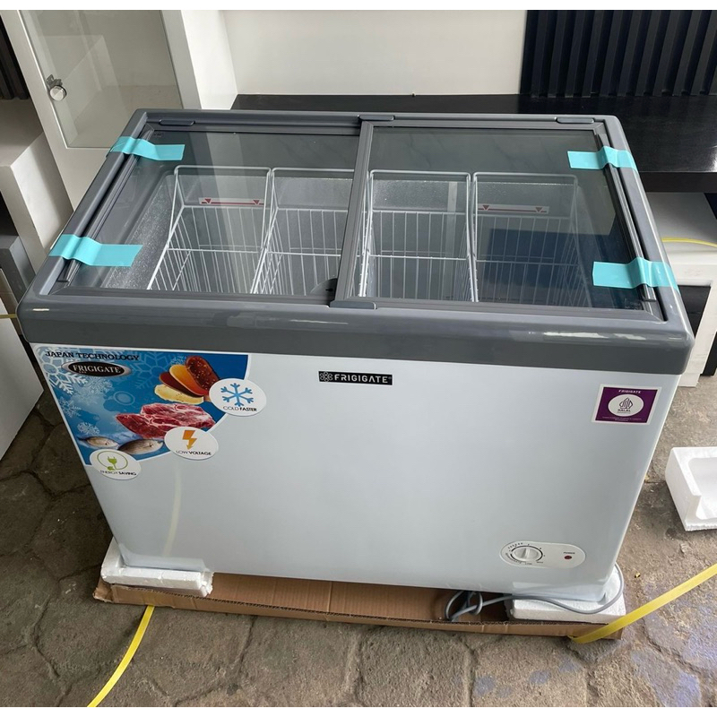 Freezer FRIGIGATE kaca bening pintu geser/Tempat ice Cream