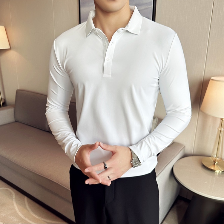 kaos Polo Pria Lengan Panjang putih polos kaos Longsleeve Berkerah kasual elastis slimfit premium