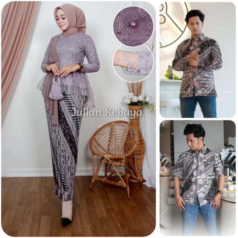 Setelan Pasangan Kebaya Modern Aurora Selendang Taro Dan Baju Batik Couple Ayah Anak Motif Asoka