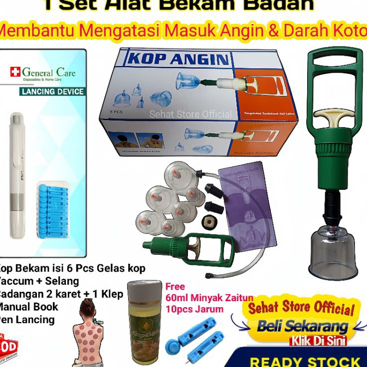 Limited  1 Satu Set Alat Bekam Paket Komplit 6 Kop Dan Pen Lancing Device Jarum Bacam Autoklik Terap