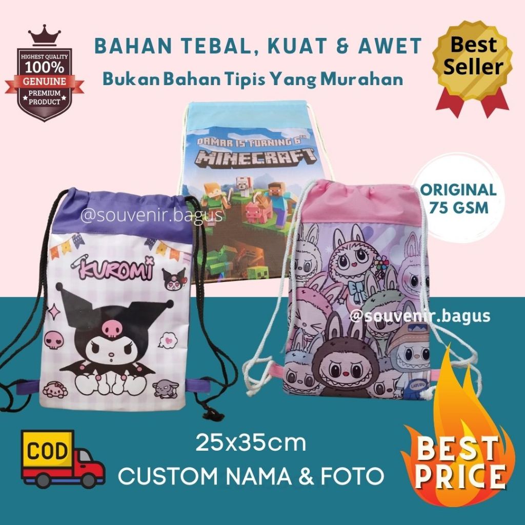 

Tas Ultah Serut Backpack Custom Kuromi Labubu Ulang Tahun Pakai Nama String Bag Cinnamoroll Roblox