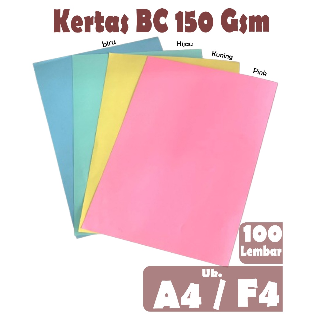 

KARTON MANILA / KERTAS BC / KERTAS BRIEF CARD 150 GSM UK F4 / A4 ( WARNA PINK ,KUNING , HIJAU , BIRU ) , 100 LEMBAR