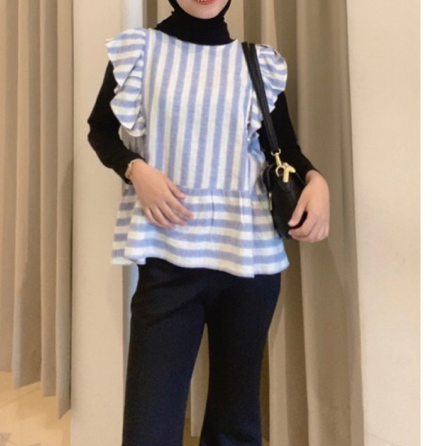Blouse atasan salur stripe ruffle rempel wanita tanpa lengan