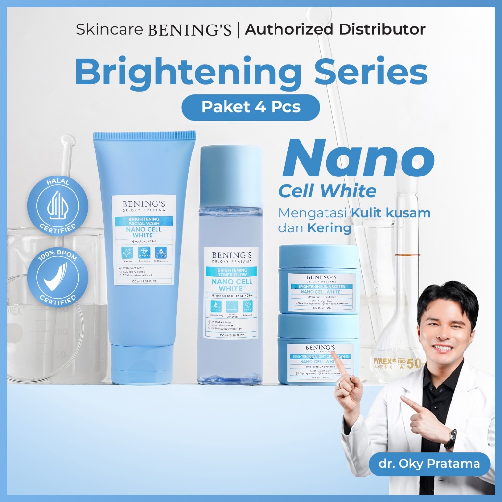 Benings Paket 4pcs Skincare BRIGHTENING - Clinic Dr Oky Pratama - Toner Wajah, Facial Wash Sabun Muk