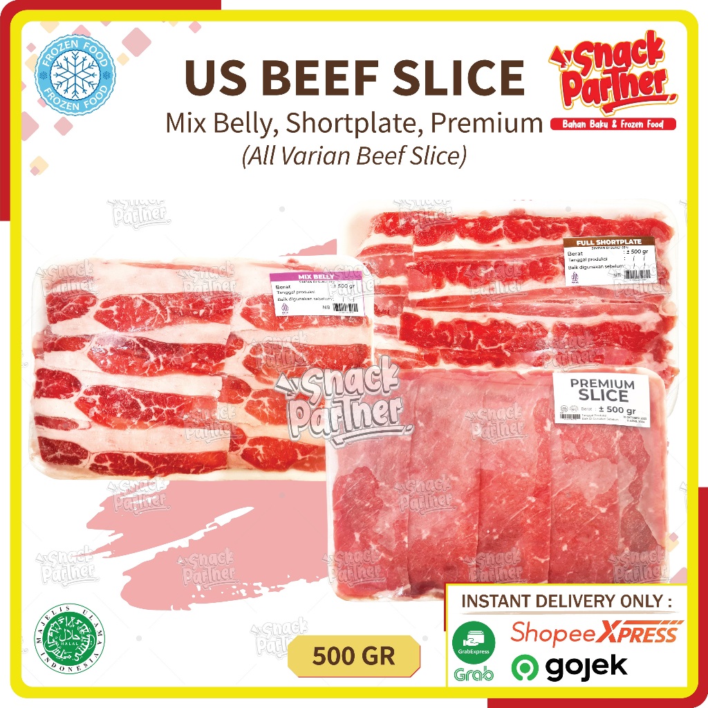 

US BEEF SLICE / Daging Sapi Iris 500 GR (PENGIRIMAN INSTANT ONLY) - Original Fat-Mix Belly Beef Banyak Lemak - Premium Sirloin Low Fat Tanpa Lemak SLICED Shortplate Short Plate Premium - FROZEN FOOD - Irisan BBQ Barbeque Yoshinoya USA