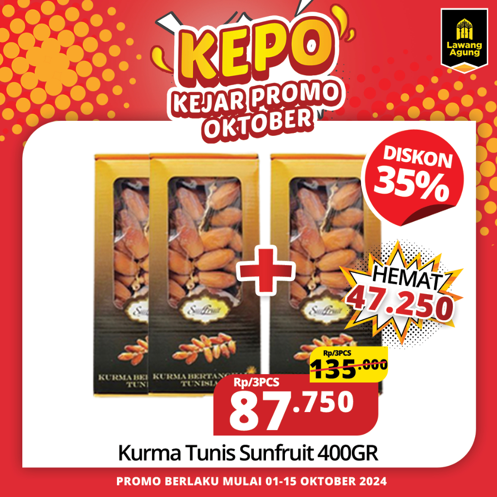 

BUNDLING 3 PACK Kurma tunis sunfruit 400 gr | KURMA TUNIS TANGKAI | SUNFRUIT | 400gr | KURMA LEMBUT DAN MANISNYA PAS