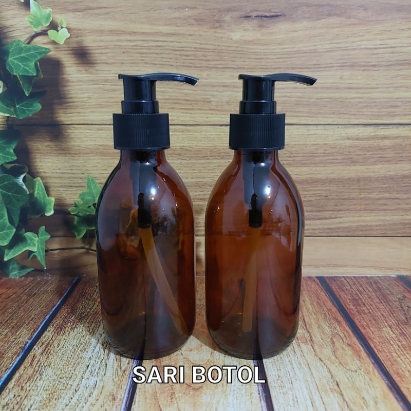 BOTOL PUMP KACA 200ML AMBER /BOTOL 200 ML KACA COKLAT TEBAL PUMP HITAM
