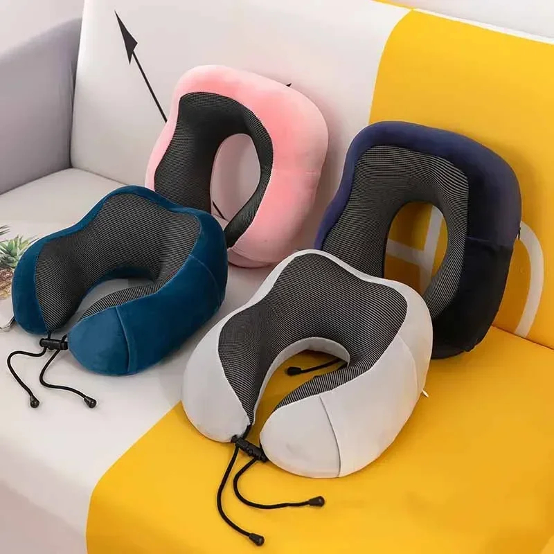 Bantal Leher U shape U-Shape Foldable Travel Neck Pillow Traveling Lembut Empuk Kantung Slot Smartphone Mobil Pesawat Kereta Memory Foam Penyangga Leher Tidur