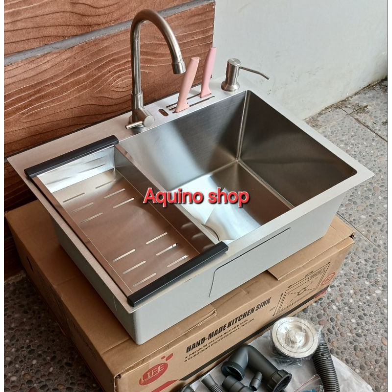 Paket komplit kitchen sink/wastafel bak cuci piring 1 lubang stainless ukuran 60cm×45cm×22cm.komplit