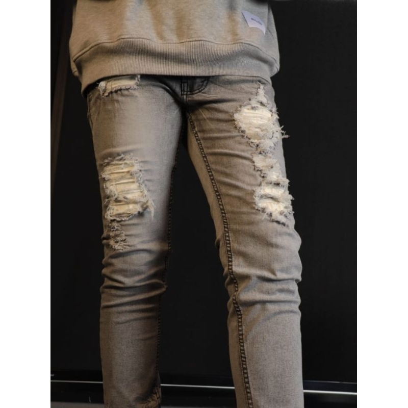 North Denim Celana Jeans Denim Panjang Pria Strech Ripped Patch Leather - Grey Valor
