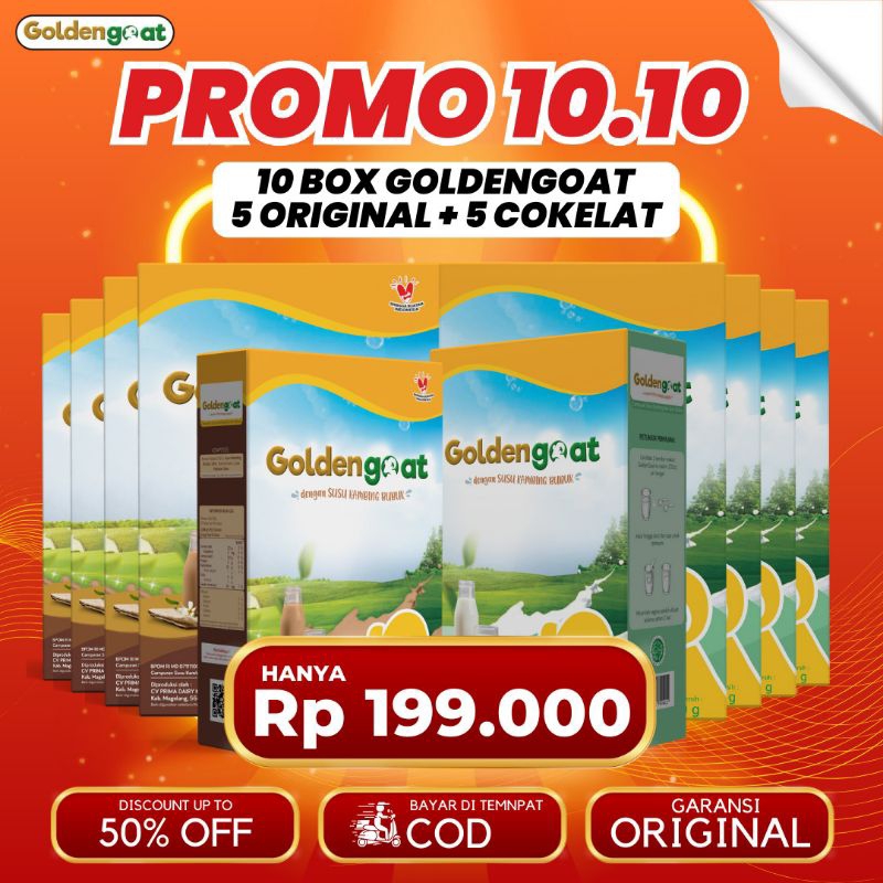 

PAKET SUPER HEMAT 10 BOX GOLDENGOAT SUSU KAMBING ETAWA BUBUK ORIGINAL MURAH ATASI SESAK NAFAS NYERI SENDI TULANG LUTUT PUNGGUNG REUMATIK