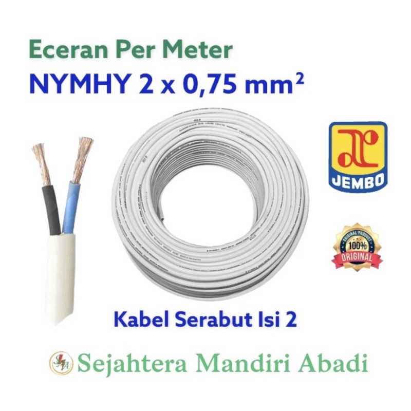 Kabel Serabut NYMHY 2x0,75 Jembo Eceran Per Meter Kulit Putih Isi 2
