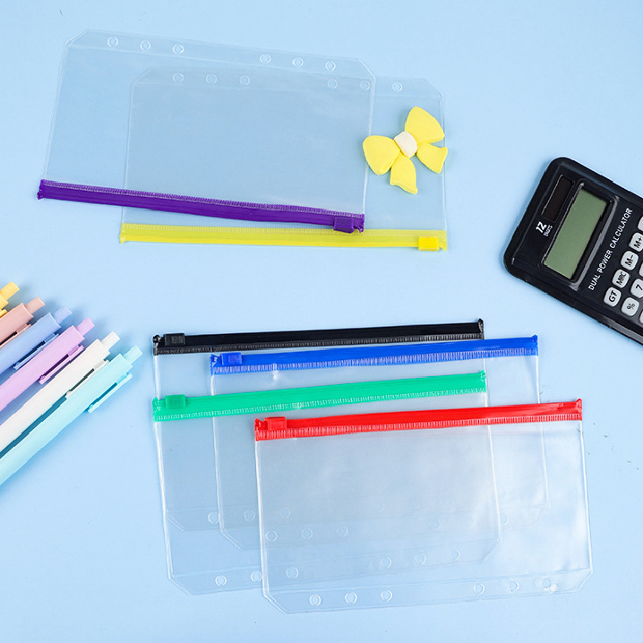 

12pcs A6 Color Zipper Bags 6 Holes Loose-leaf Binder Refill Pockets Clear Ziplock Cash Reception Stationery
