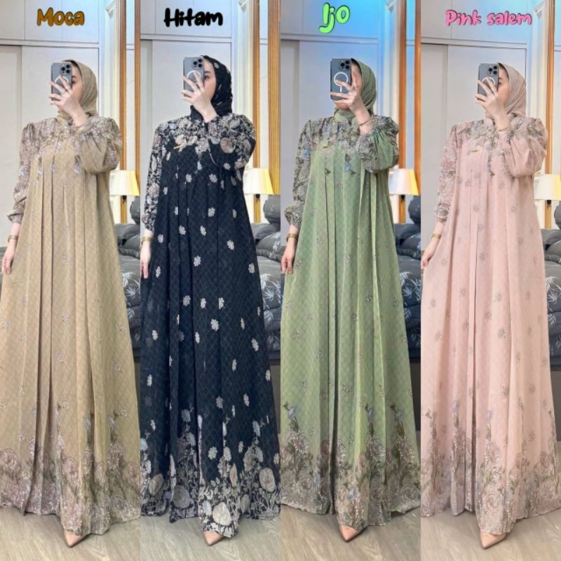 * Baju Gamis Set Hijab Muslim Modern Motif Bunga Yasmin Dress Pesta Kondangan Mewah Elegan Jumbo