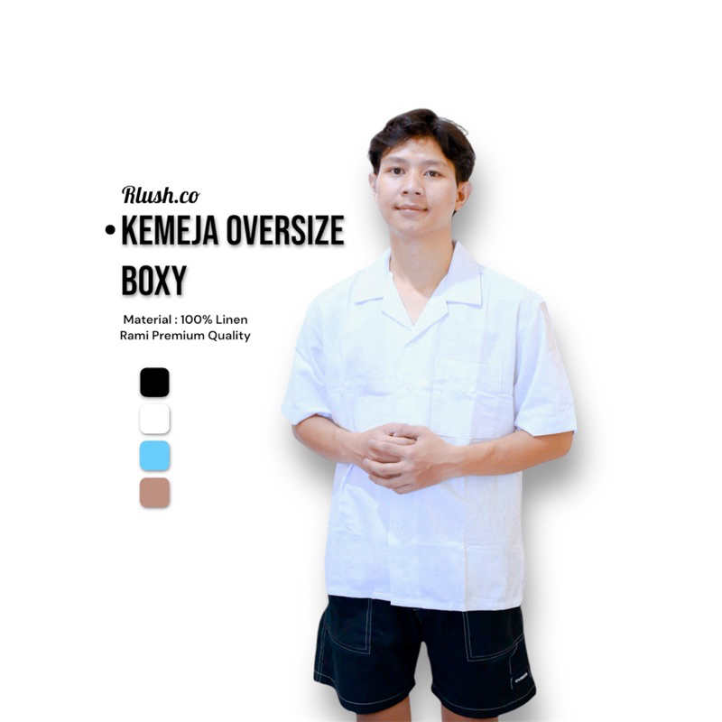 Rlush.co Kemeja Linen Import Boxy Oversize Putih Lengan Pendek | Cuban Bowling Oversize Linen Import