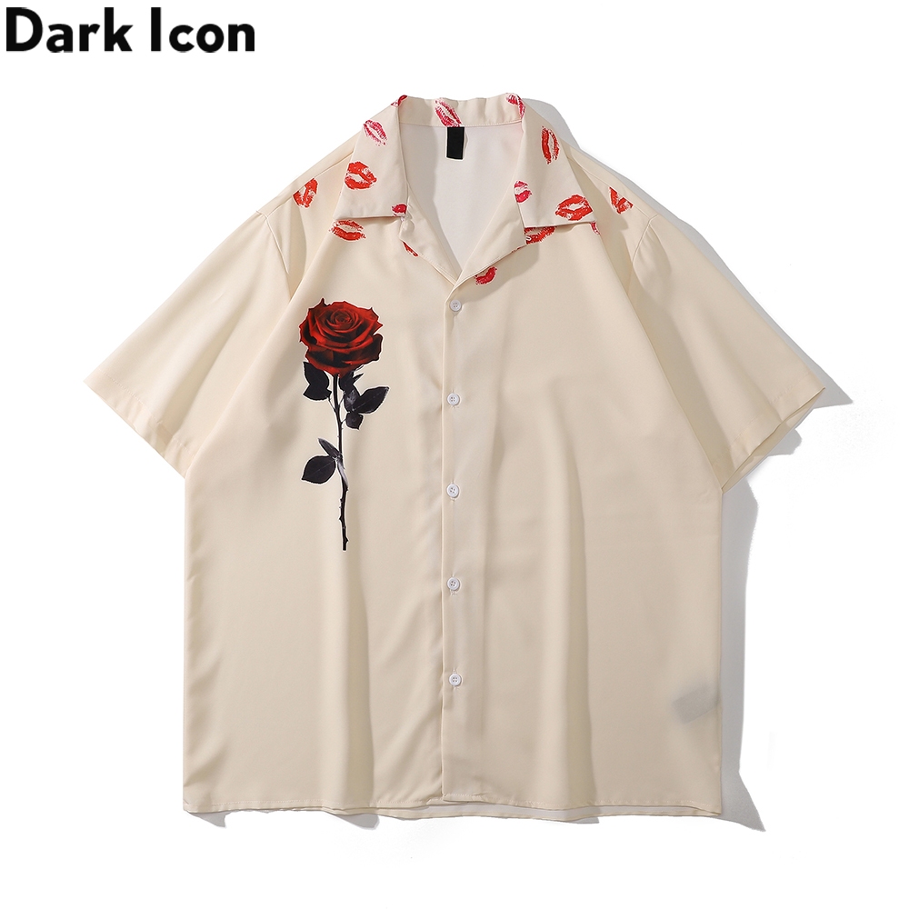Dark Icon Kemeja Mawar Kiss  Lengan Pendek Vintage Polo Shirts Men Summer Holiday Beach Men's Shirts