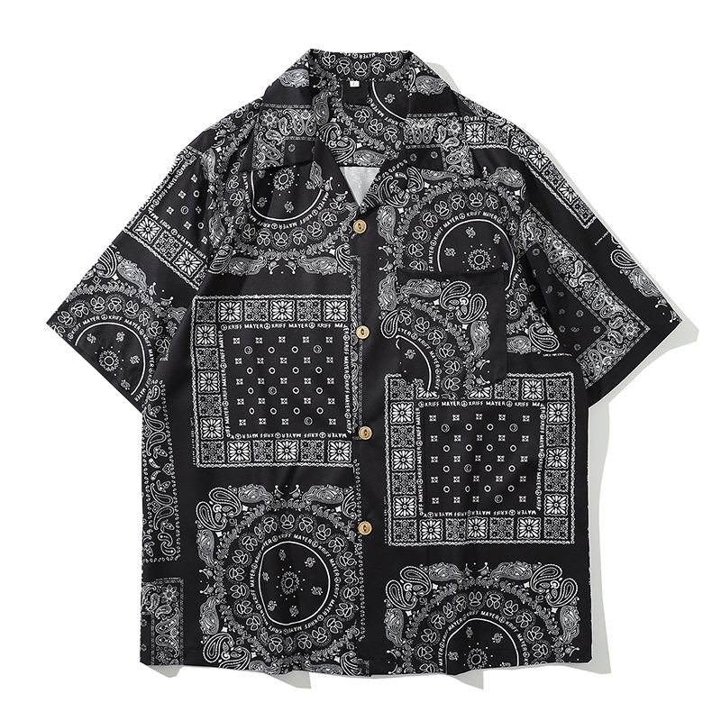 Dark Icon Kemeja Bandana Pria Shirt Short Sleeve Vintage Motif Print Shirt Summer Paisley Hawaiian S