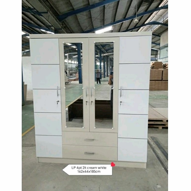 Lemari Pakaian 4 Pintu Putih 2 Laci - Lemari Baju 4 Pintu Murah - Lemari Pakaian