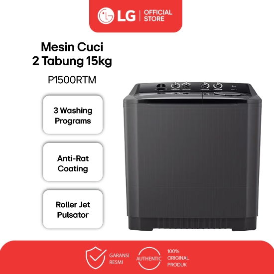 LG Mesin Cuci Twin Tub 15kg - Top Load Roller Jet Pulsator 3 Program Pencucian Wind Jet Dry | P1500R