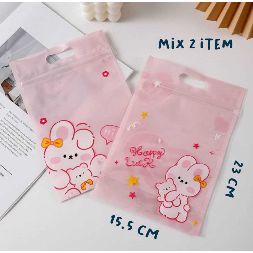 

( ISI 50 PCS ) PLASTIK KLIP ZIPLOCK SNACK ULANG TAHUN BUNNY PINK 1 SET ISI 2 MOTIF
