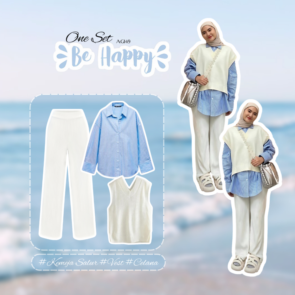 3in1 OOTD Korean Style Wanita Terbaru Outfit Set Korean Style Kemeja Salur Biru Vest Putih Set Celan