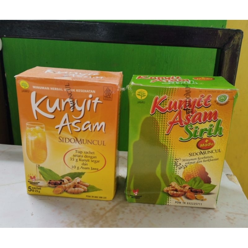 

Kunyit Asam Sidomuncul isi 5 sachet dalam 1 box dan kunyit asam sirih