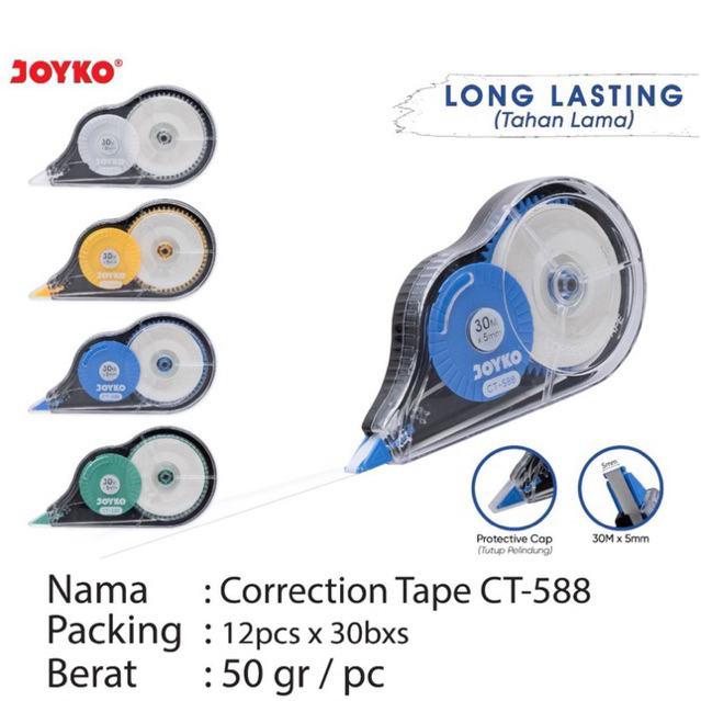 

( 1 pcs ) CT588 Tipex Kertas Joyko / Correction Tape Jumbo 30 Meter x 5 mm / Pita Koreksi Joyko CT-588 warna / Tipe X Pita Long Lasting