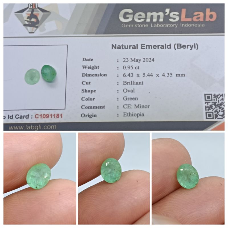 Natural Emerald Beryl Ethiopia 0,9 ct Minor memo GLI Zamrud Afrika