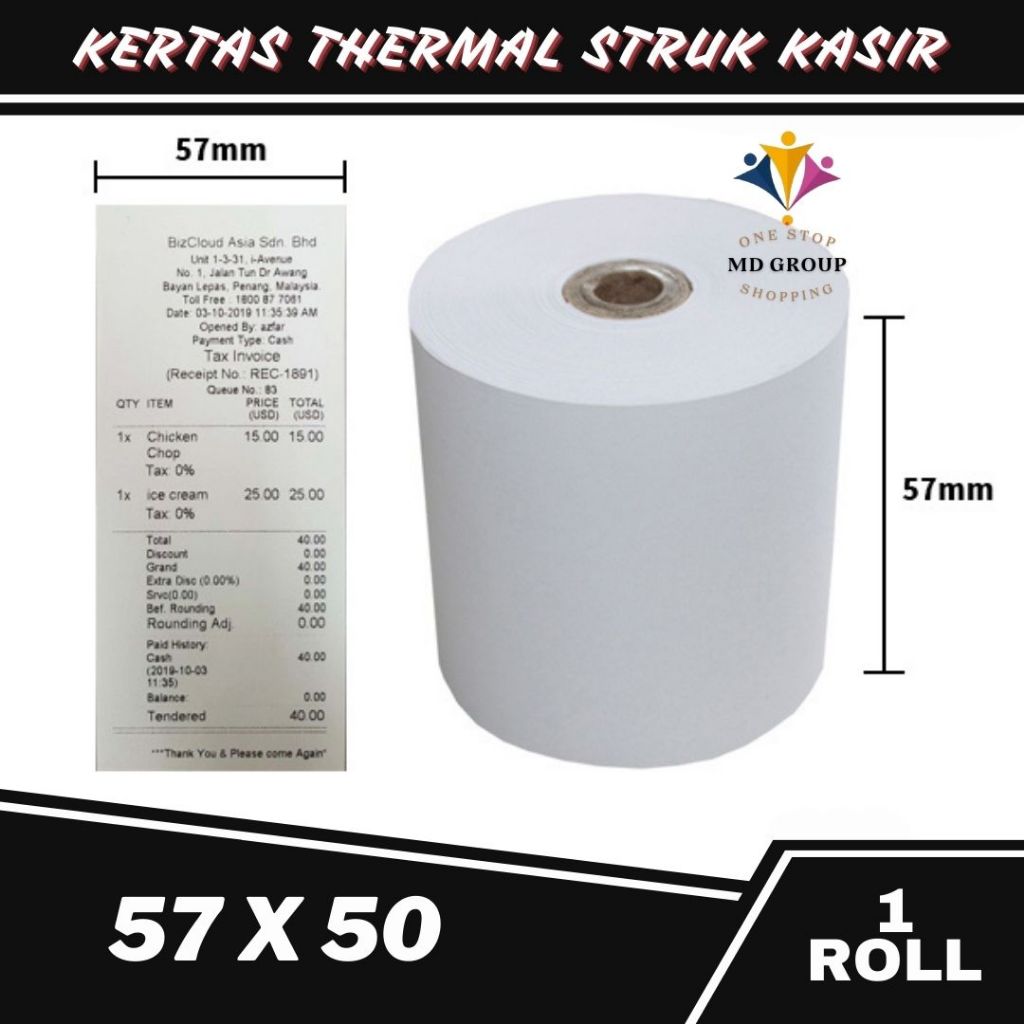 

Kertas Thermal paper roll / Kertas Struk Kasir 57x50 (5 ROLL)