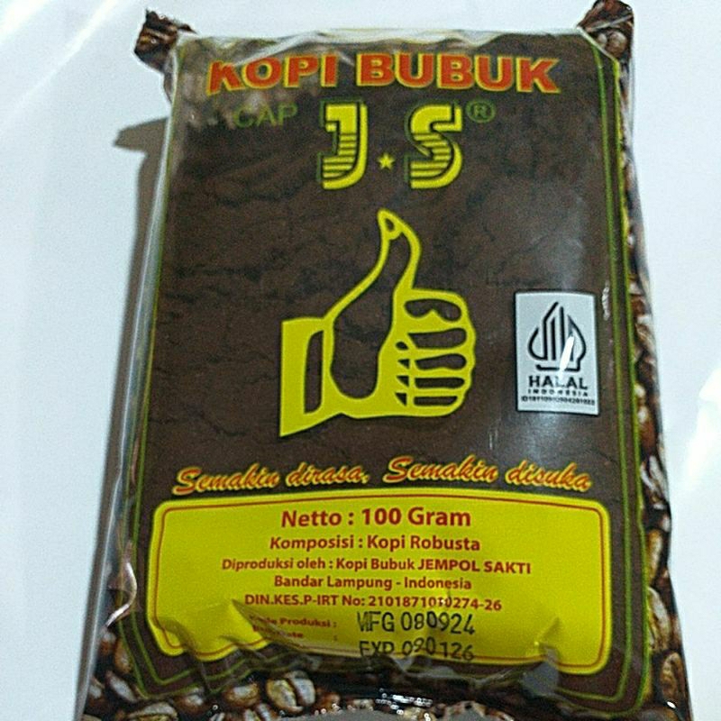 

kopi bubuk cap js 100gr,terbuat dari kopi murni JS 100gr halal.kopi robusta halus