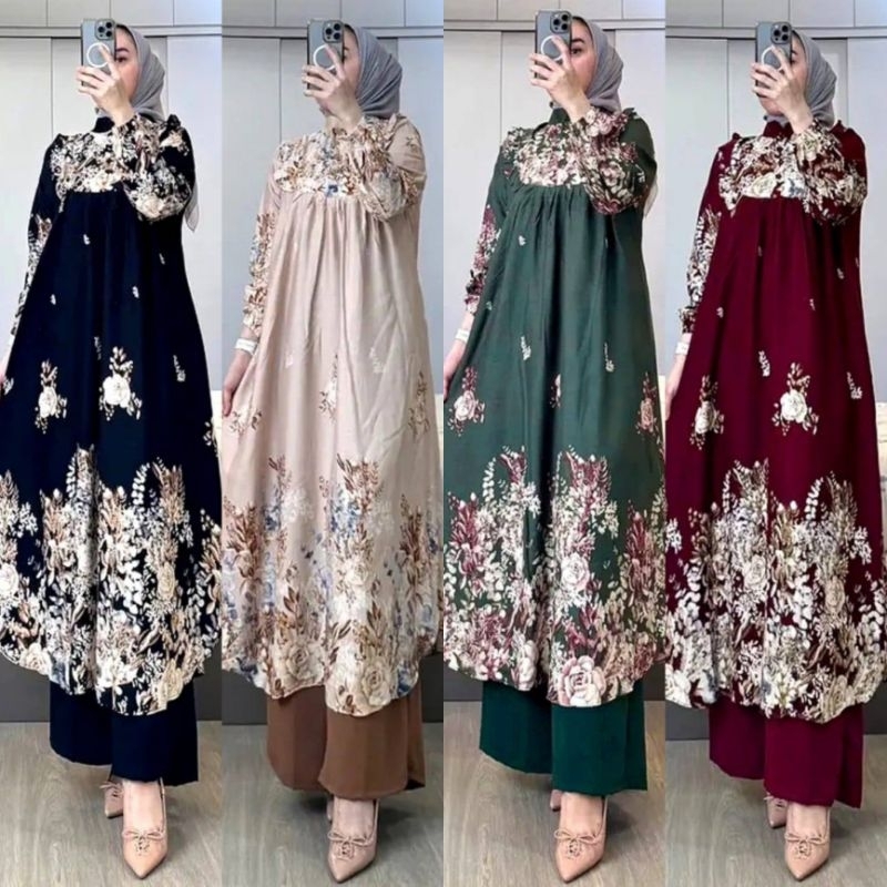 Oneset Tunik Davina Matterial Rayon Diamond Mix Crincle Airflow Setelan Tunik Kekinian Outfit Wanita