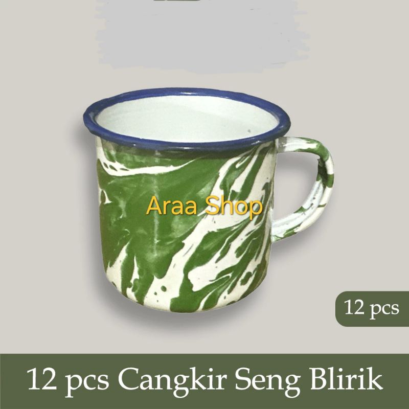TB ESSENTIALS 12pcs Cangkir Enamel Blirik Hijau 7cm 1 Lusin 1Lusin Mug Porselen Gelas Kaleng Porcela