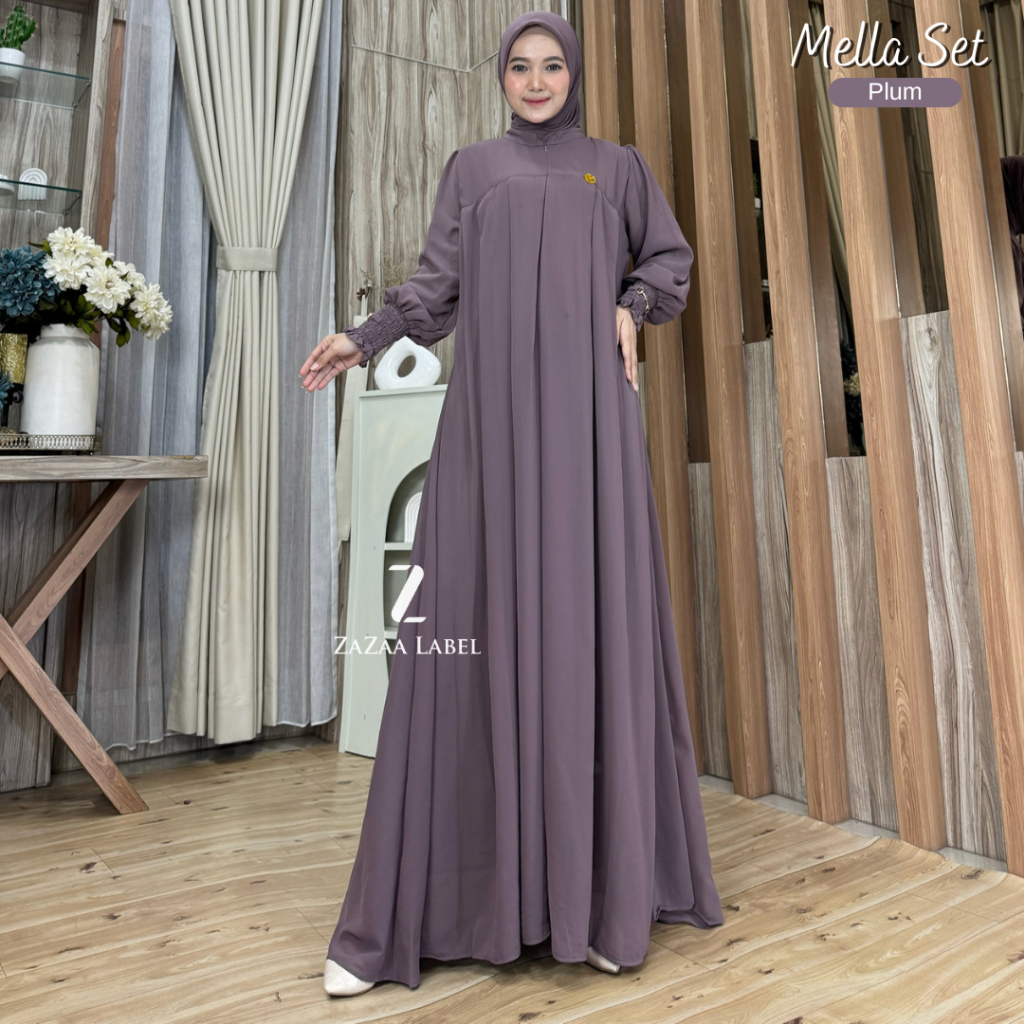 Zazaa Label - Mella Set Gamis Hijab Motif Polos Bahan ceruti babydoll Busui Pesta Mewah