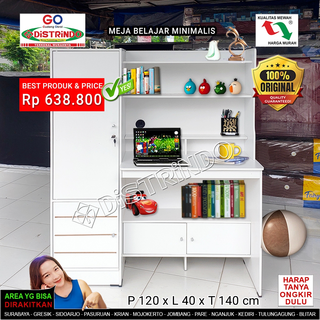 Distrindo - Meja Belajar Besar + 4 Lemari Serbaguna + KUNCI dan ADA RAK dibawah Meja - ALVIN Deluxe