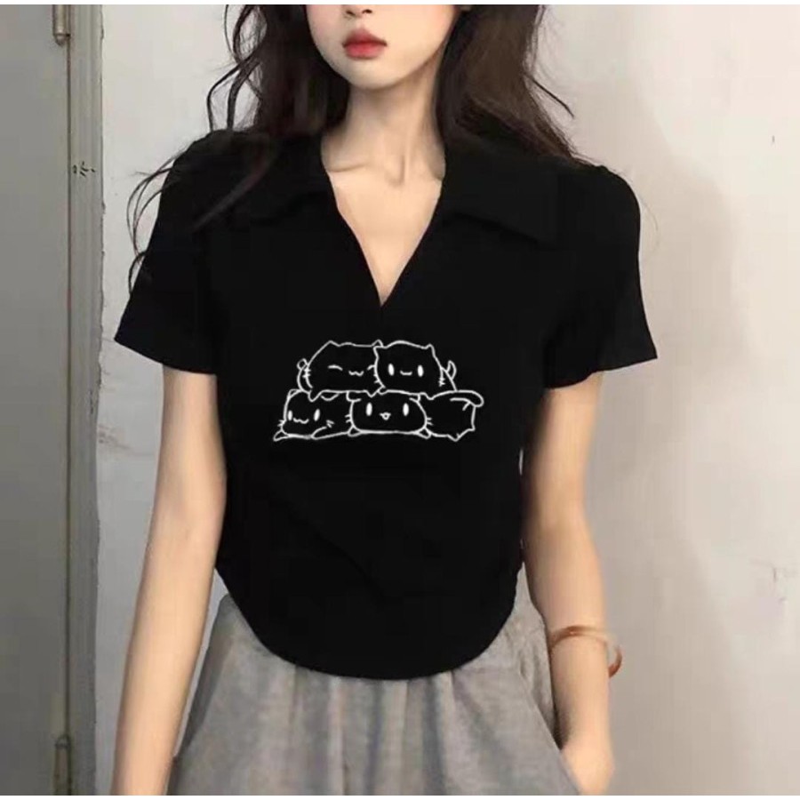 Kaos Wanita Oval Crop Top Kerah V Neck Import Lengan Pendek T-Shirt Polo