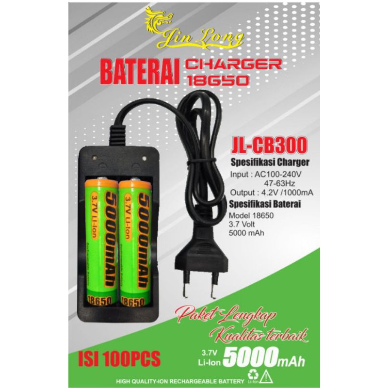 PAKET CHARGER 2SLOT INDIKATOR+BATERAI 18650 5000MAH 2PSC JIN LONG JL-CB300