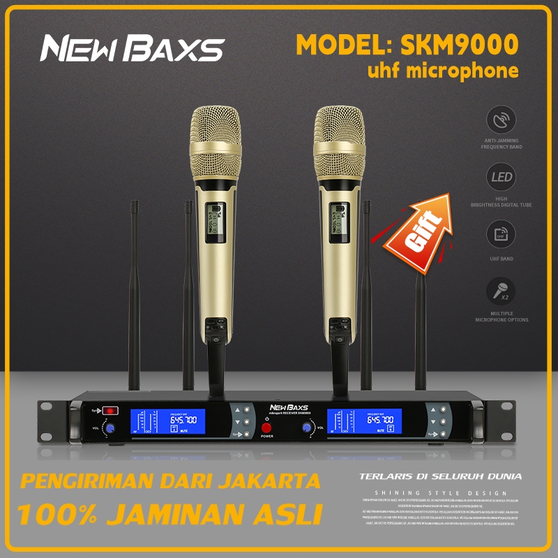 NEW BAXS mikrofon nirkabel SKM9000 wireless microphone karaoke Nirkabel Genggam Gramofon Logam Satu 