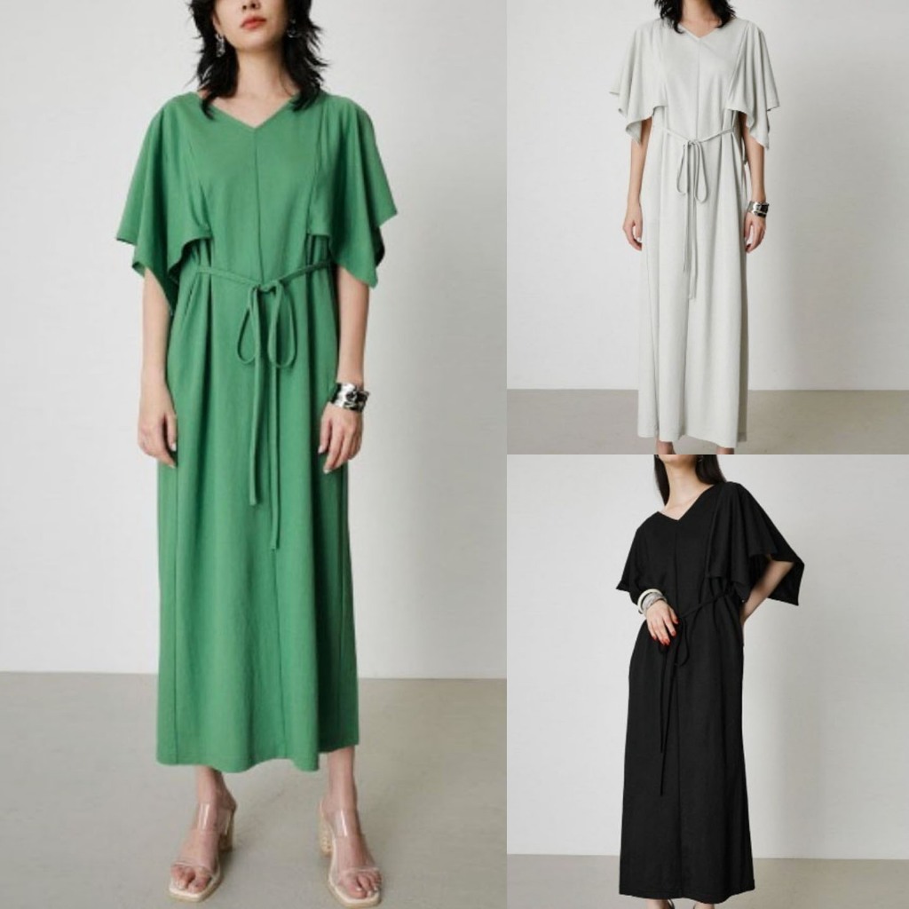 DRESS KAOS HIJAU TOSCA ABU HITAM V NECK LENGAN CAPE BATWING KOREA IMPORT