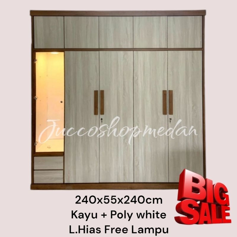 [ Jucco ] Lemari Pakaian 5 Pintu Kayu Kombinasi Kaca - Lemari Pakaian 5 pintu Minimalis - Tempah Lem