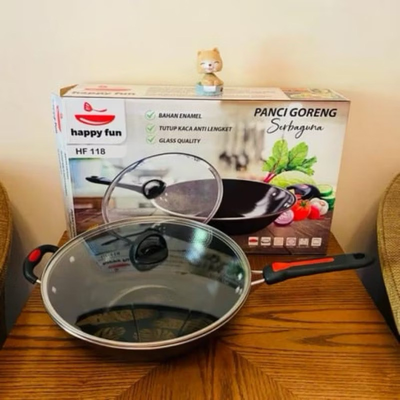 Panci Wajan Goreng Multifungsi Lapisan Teflon Tutup Kaca 32CM Panci goreng serbaguna Happy Fun HF 11