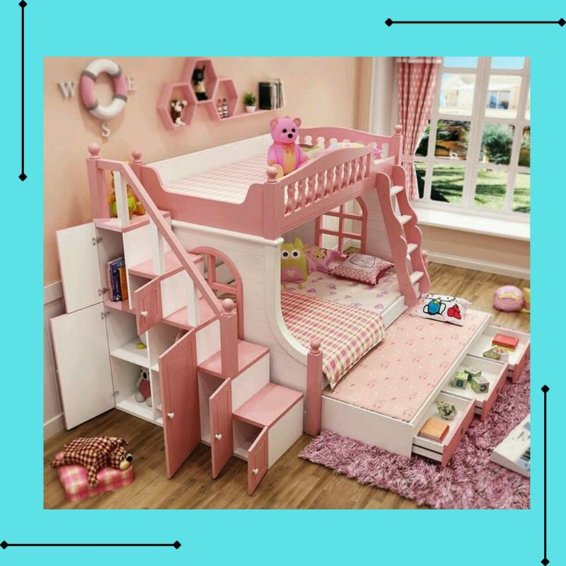 Tempat tidur tingkat 3 anak perempuan multifungsi almari baju