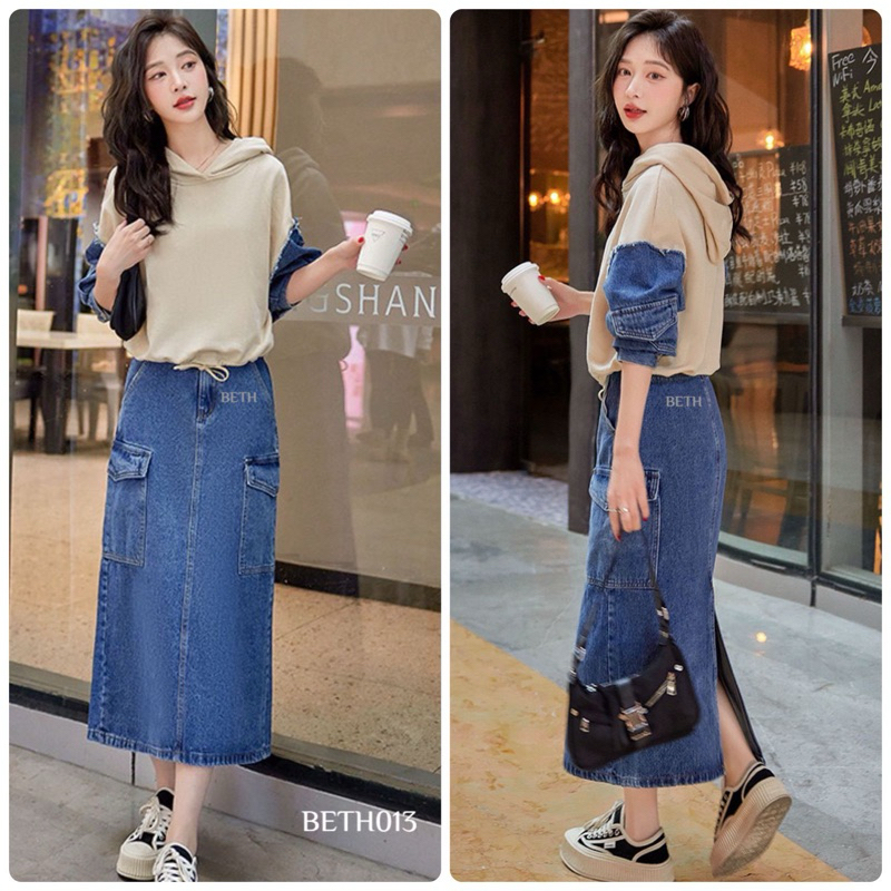 HW Midi Skirt Jeans Pocket Cargo Import Premium (013)