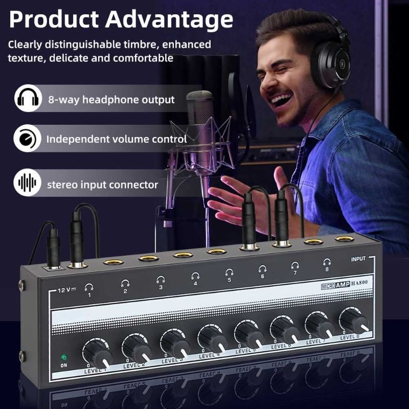 Micro Audio Amplifier Headphone Splitter 8 Channel Volume Control - HA800
