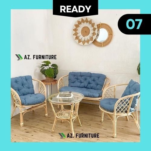 KURSI BAHAMA CLASSIC ROTAN ALAMI SET BANTAL DAN MEJA KACA 1 SET / KURSI TERAS TAMU ROTAN ASLI MINIMA