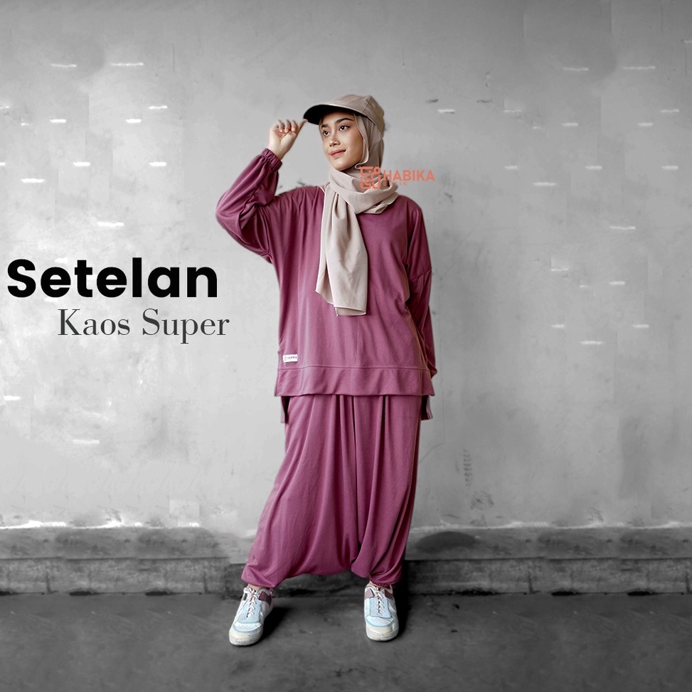 Pasti Trending Setelan Kaos Olahraga wanita kaosrok celana 1 set Lengan Panjang syari bahan double s